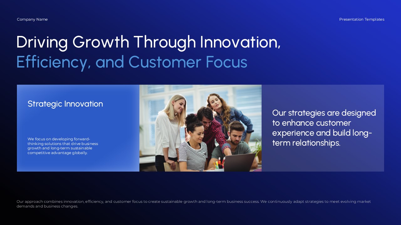 Growth Report Innovation Strategy - Team collaboration photo with strategic content on innovation and customer relationships