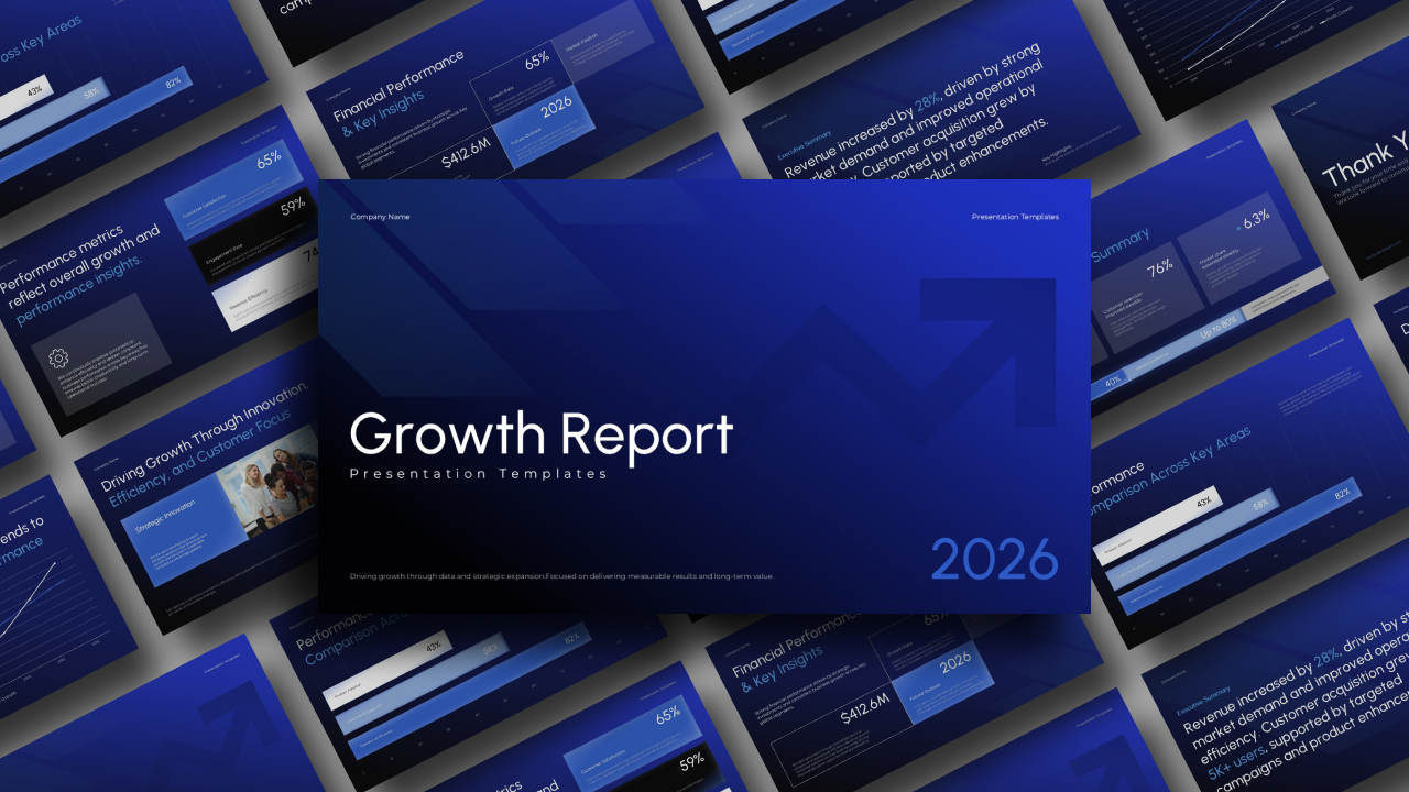 Growth Report Template - Dynamic preview showcasing business presentation slides in overlapping grid on blue gradient