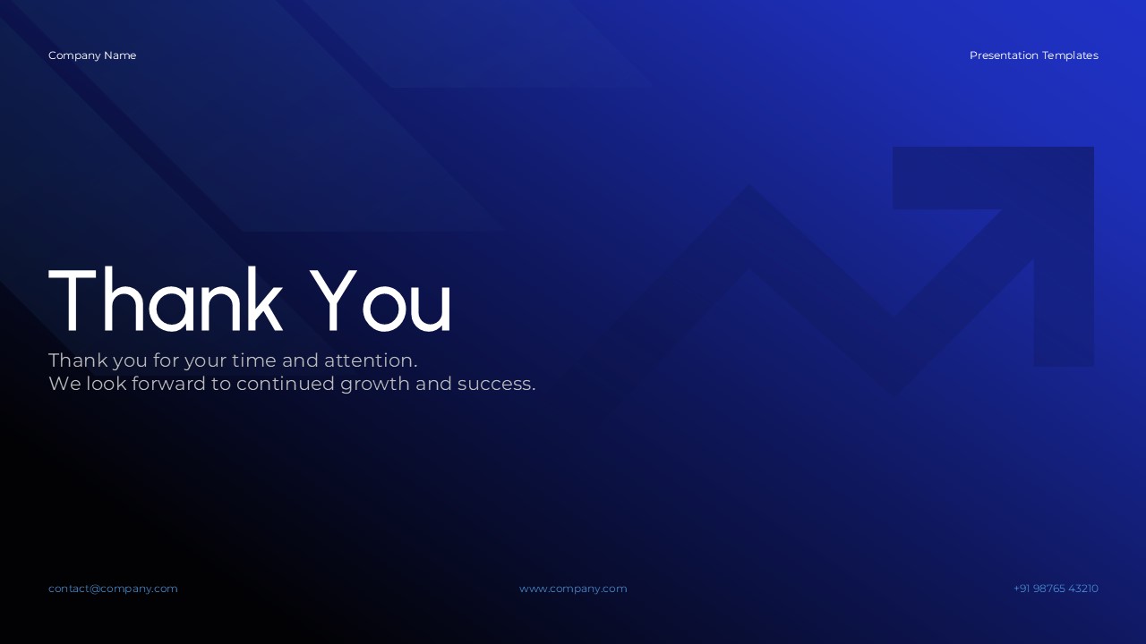 Growth Report Thank You - Elegant closing slide with appreciation message and comprehensive contact information layout