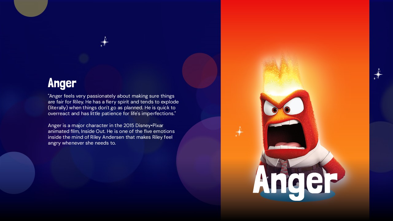 Inside Out Template - Anger character profile with red gradient and fiery personality description