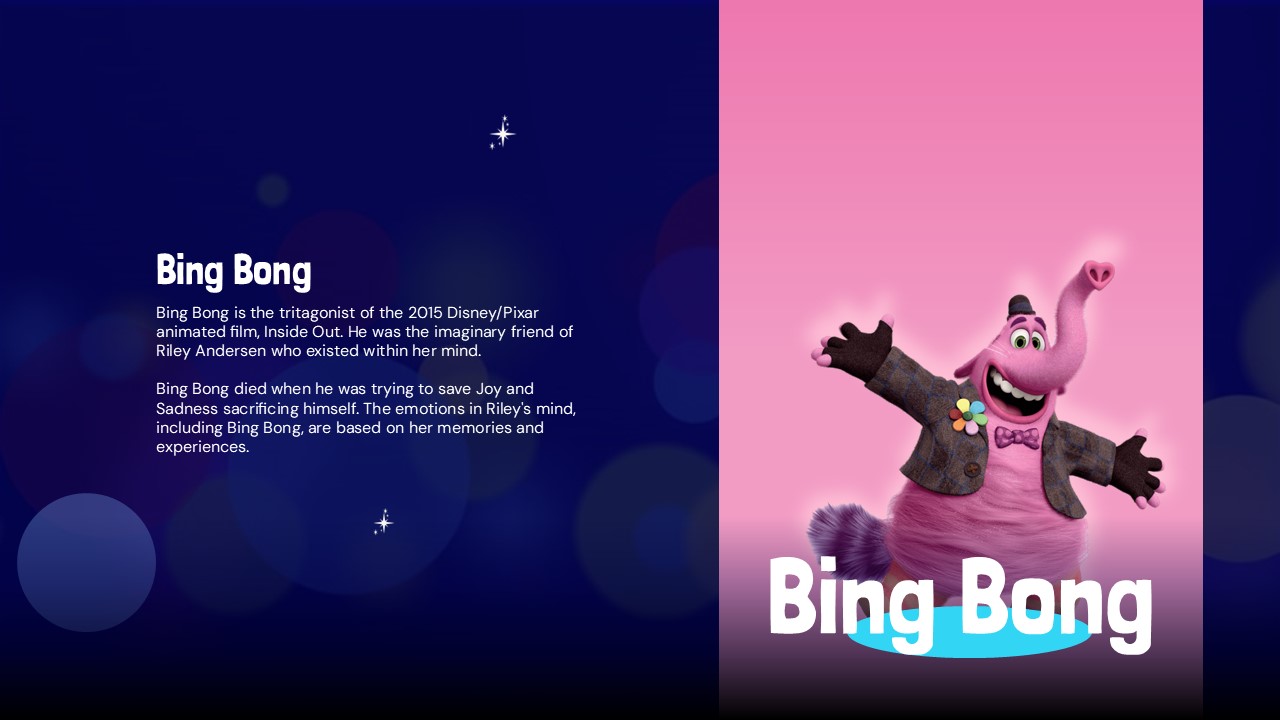 Inside Out Movie Template - Bing Bong imaginary friend character with pink gradient background