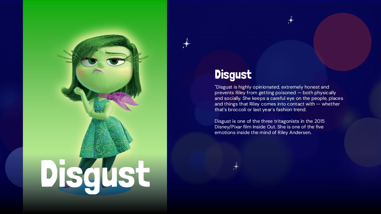 Inside Out Movie Template - Disgust character analysis with green gradient and protective traits