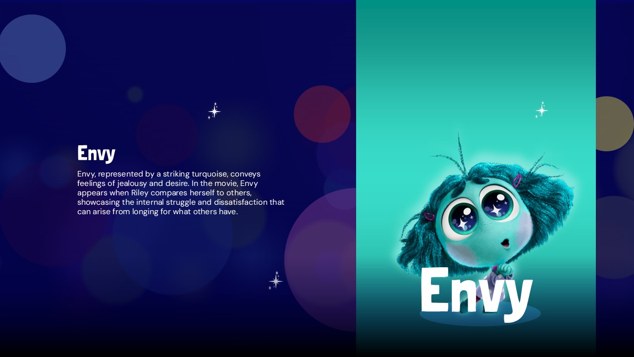 Inside Out Movie Template - Envy character profile with turquoise theme and jealousy traits