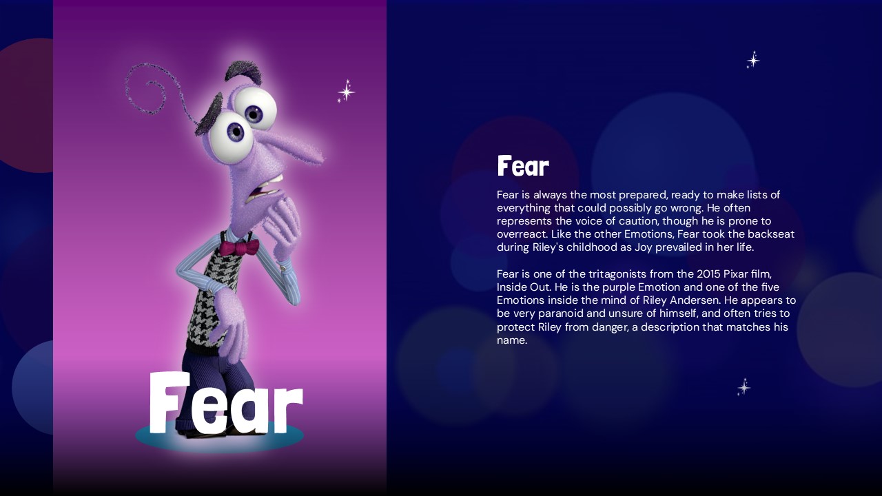 Inside Out Movie Template - Fear character slide with purple theme and anxiety trait analysis