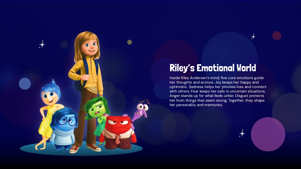 Inside Out Template - Riley's Emotional World slide with character lineup and explanatory text
