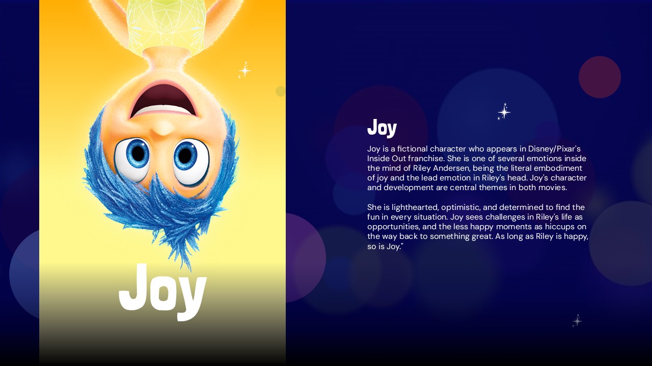 Inside Out Movie Template - Joy character profile with yellow gradient and detailed personality analysis