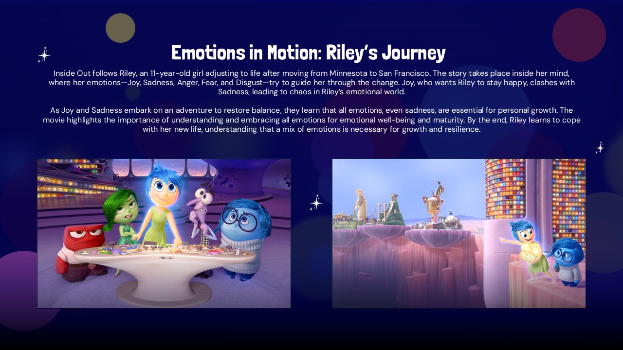 Inside Out Template - Riley's emotional journey chapter slide with movie scenes and narrative text