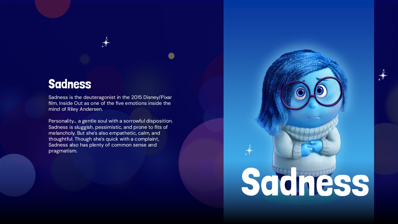 Inside Out Template - Sadness character slide with blue theme and empathy personality description