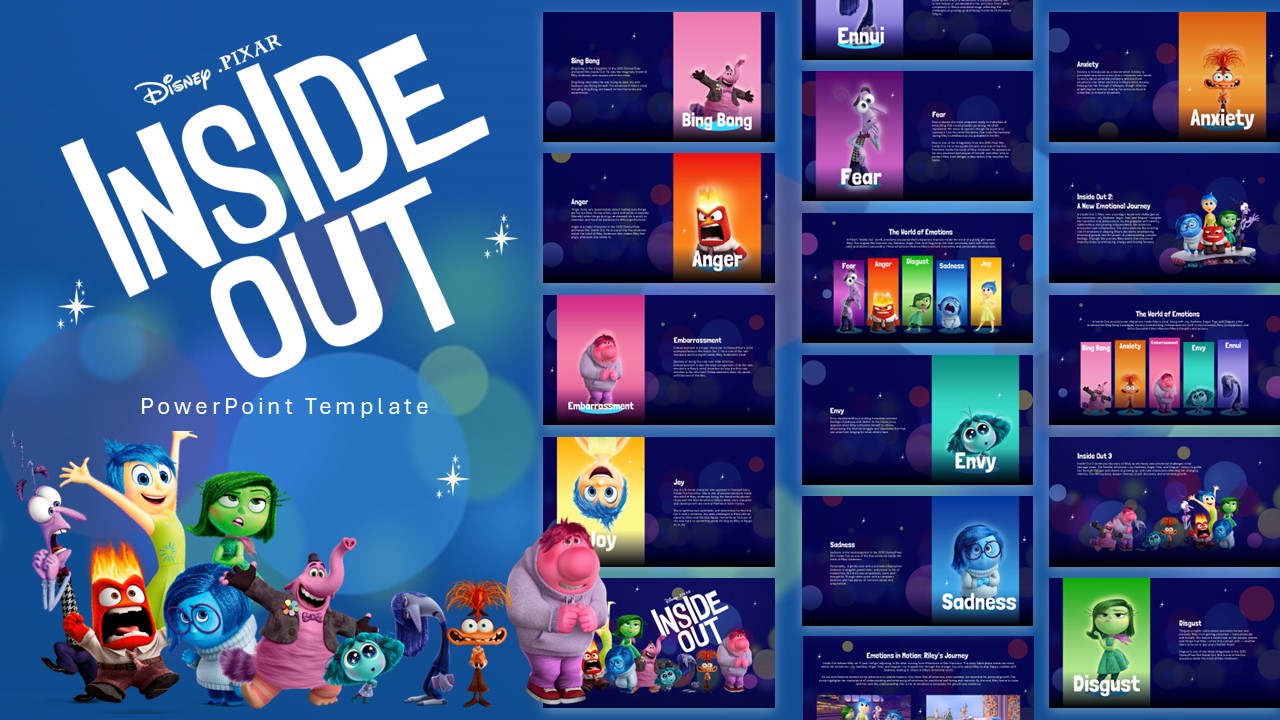 Inside Out Movie Template - Complete overview showing all 19 slides in organized grid layout