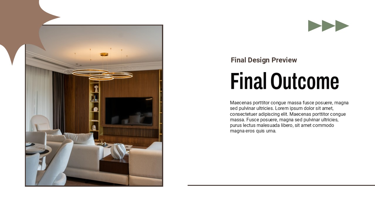 Interior Design Template - final outcome slide with completed living room photo, project results text