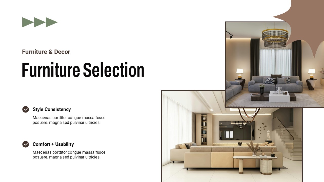Interior Design Template - furniture selection slide with modern living spaces, style consistency sections
