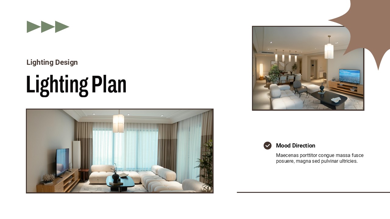 Interior Design Template - lighting plan slide with two interior photos, mood direction lighting strategy