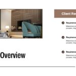Interior Design Template - project overview slide with living room photo, numbered client requirements list
