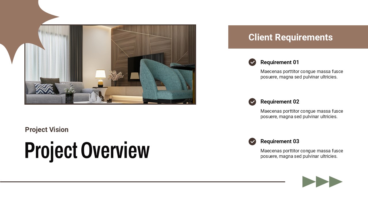 Interior Design Template - project overview slide with living room photo, numbered client requirements list