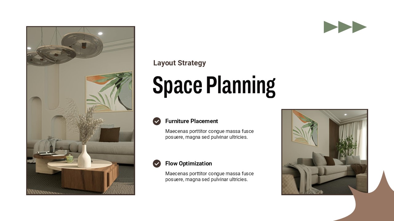 Interior Design Template - space planning slide with bedroom and living room images, planning strategy text