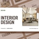 Interior Design Template - cover slide with large brown title text, modern living room photo, sage green accents