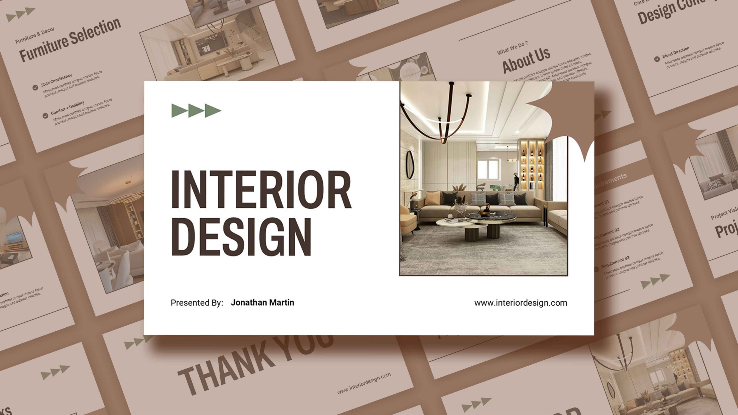 Interior Design Template - cover slide with large brown title text, modern living room photo, sage green accents