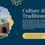 Iran Culture Template - Rich traditions highlighted with green-domed mosque and heritage callout box