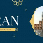 Iran PowerPoint Template - Bold title slide featuring mosque architecture in ornate golden circular frame