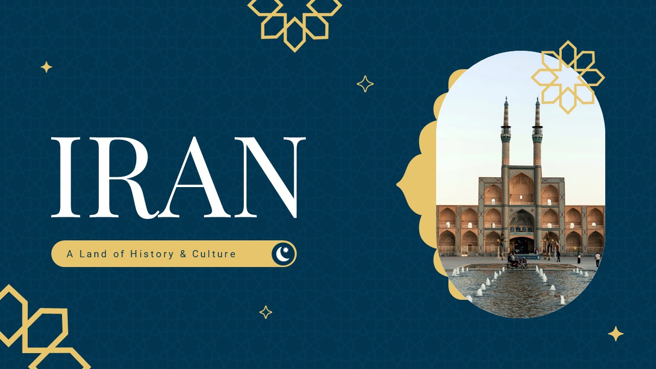 Iran PowerPoint Template - Bold title slide featuring mosque architecture in ornate golden circular frame