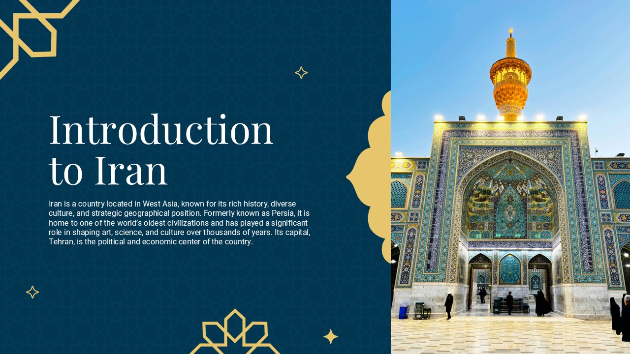 Iran Introduction Template - Two-column layout balancing historical text with ornate Islamic architecture