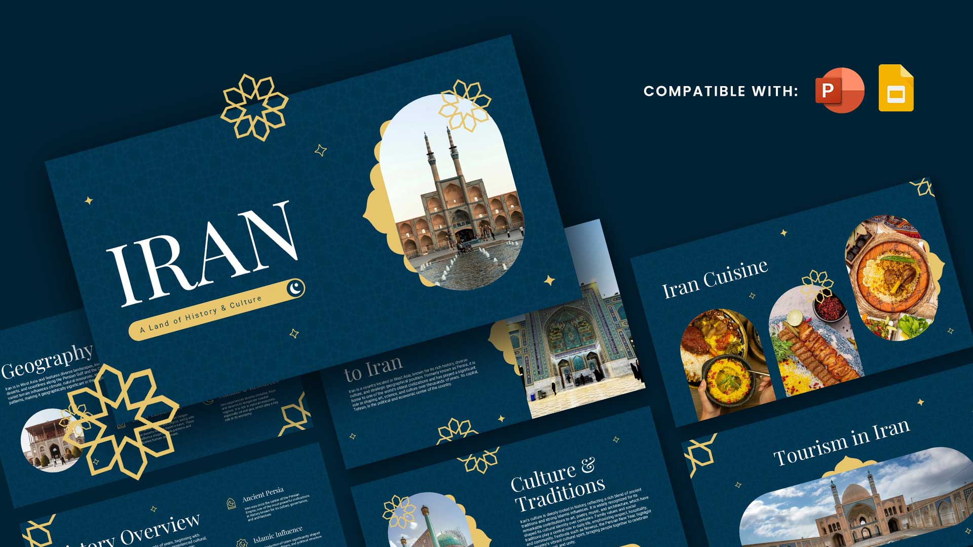 Iran Google Slides Template - Elegant showcase of cultural slides with Islamic geometric patterns and architecture