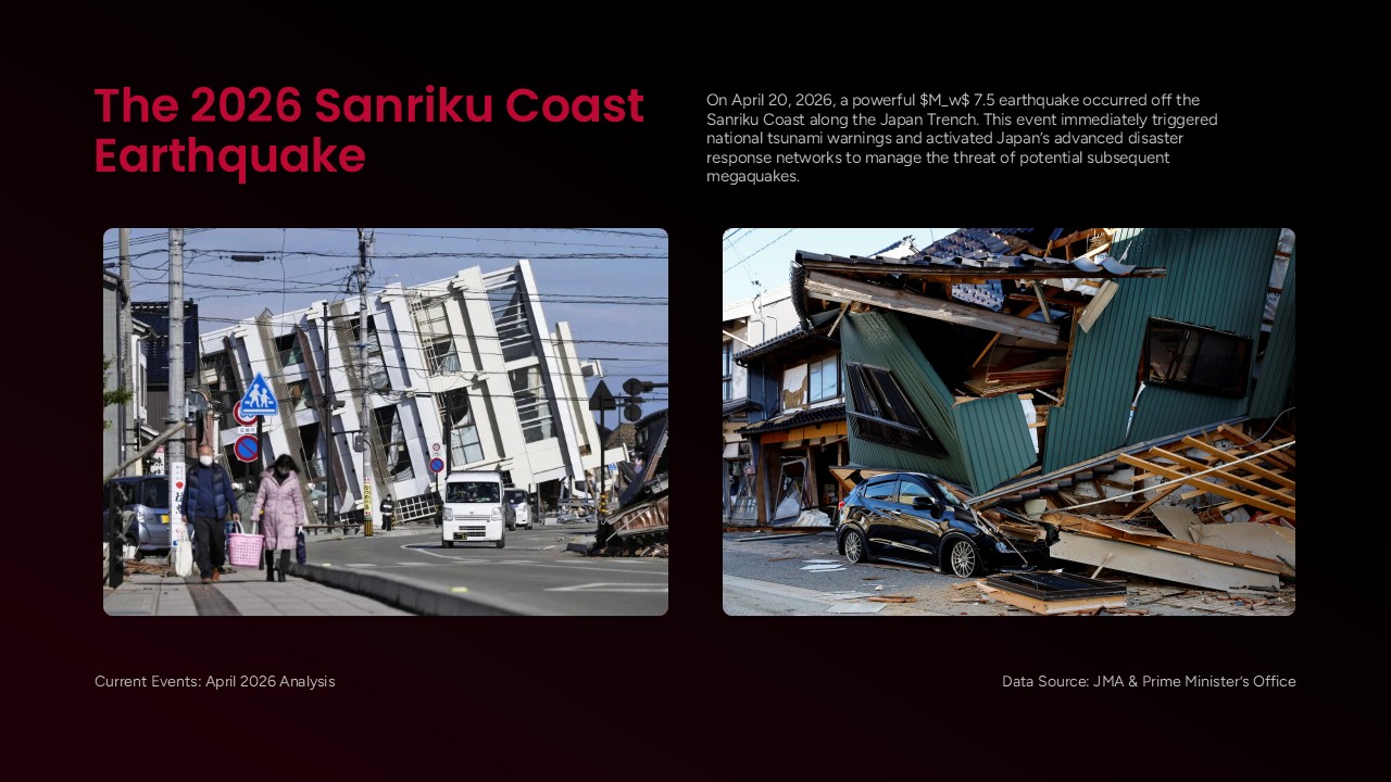 Japan Earthquake Template - case study slide with 2026 earthquake details and two damage photographs