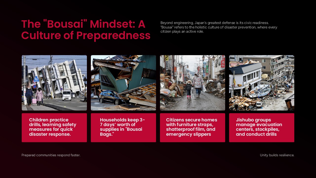 Japan Earthquake Template - preparedness slide with four damage photos and red information boxes about Bousai culture