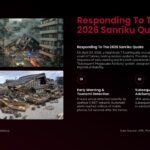 Japan Earthquake Template - emergency response slide with numbered sections and earthquake damage photos