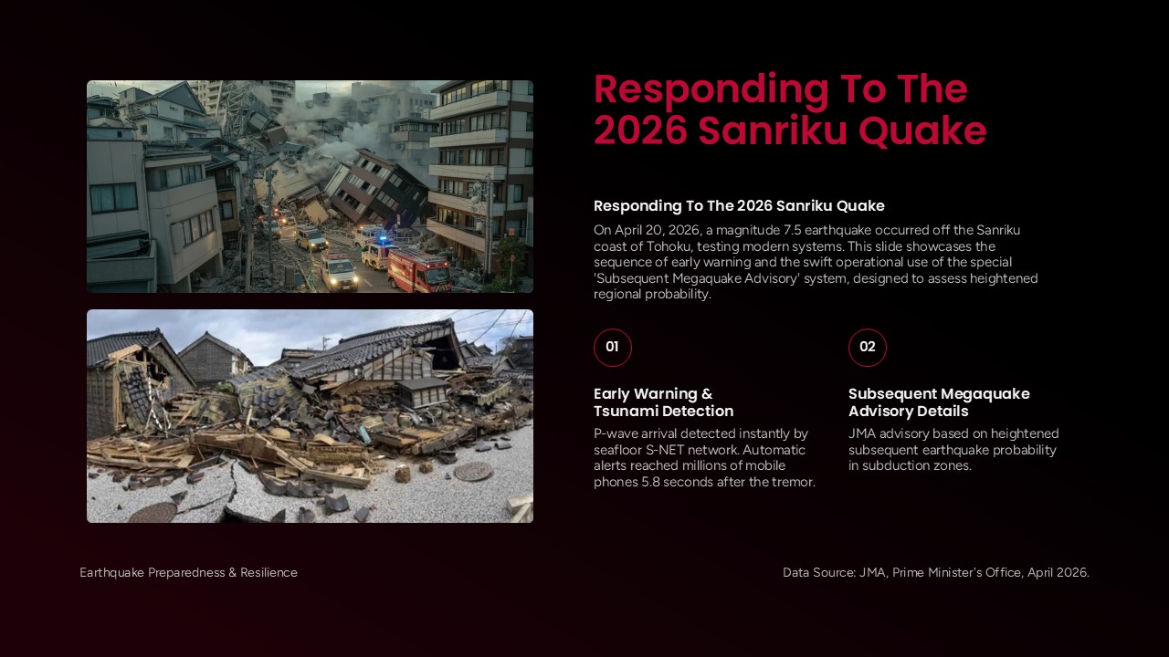 Japan Earthquake Template - emergency response slide with numbered sections and earthquake damage photos