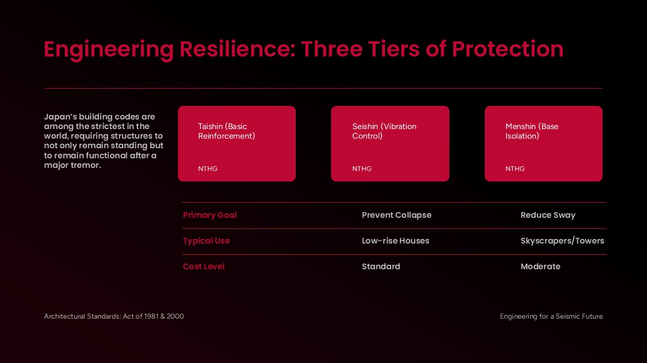 Japan Earthquake Template - engineering slide with three red boxes covering seismic protection tiers and comparison table