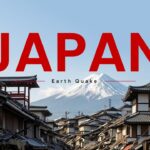 Japan Earthquake Template - title slide with large red JAPAN text over scenic Japanese street and Mount Fuji background
