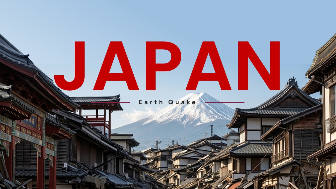 Japan Earthquake Template - title slide with large red JAPAN text over scenic Japanese street and Mount Fuji background