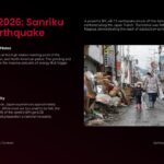 Japan Earthquake Template - content slide with pink headers, text blocks about seismic plates, earthquake damage photo