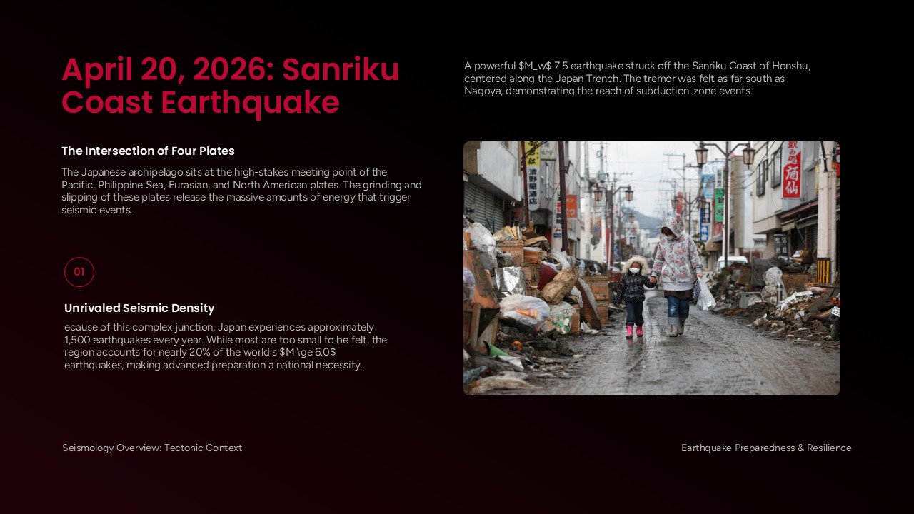 Japan Earthquake Template - content slide with pink headers, text blocks about seismic plates, earthquake damage photo