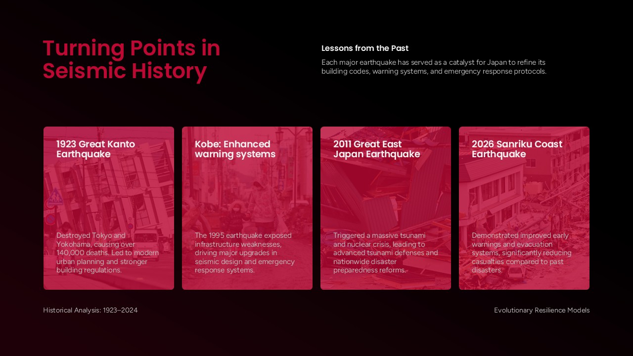 Japan Earthquake Template - timeline slide with four red cards showing historical earthquakes from 1923 to 2026