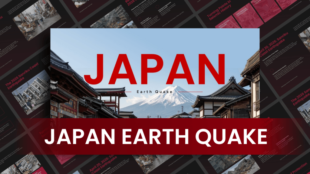 Japan Earthquake Template - dramatic cover slide with red JAPAN title over Japanese street scene with Mount Fuji