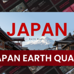 Japan Earthquake Template - dramatic cover slide with red JAPAN title over Japanese street scene with Mount Fuji
