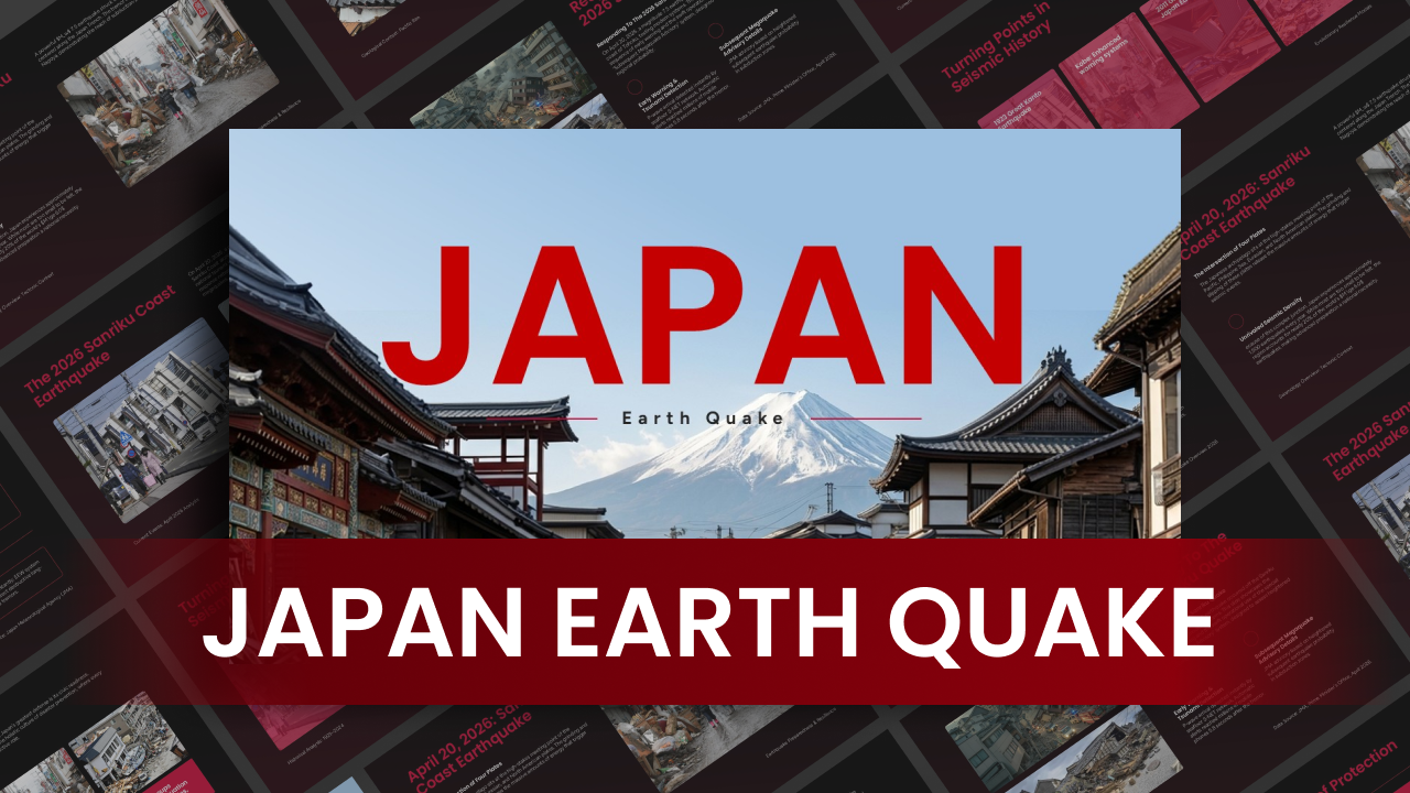 Japan Earthquake Template - dramatic cover slide with red JAPAN title over Japanese street scene with Mount Fuji