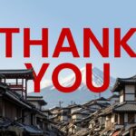 Japan Earthquake Template - thank you slide with red THANK YOU text over Japanese street scene and Mount Fuji