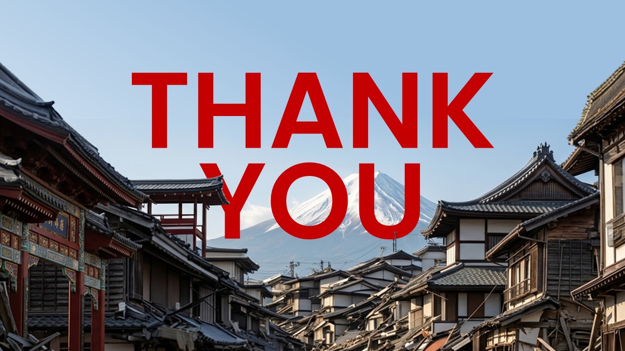 Japan Earthquake Template - thank you slide with red THANK YOU text over Japanese street scene and Mount Fuji