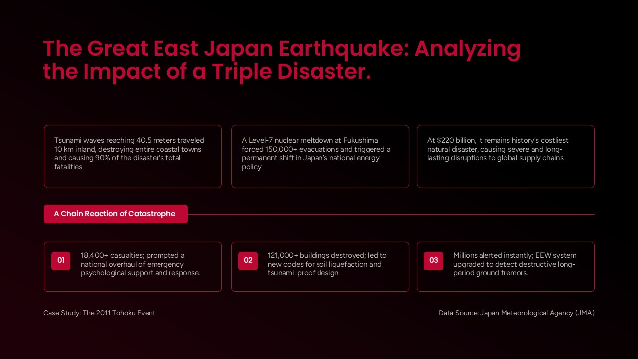 Japan Earthquake Template - analysis slide with red headers covering tsunami, nuclear, economic impacts in text blocks