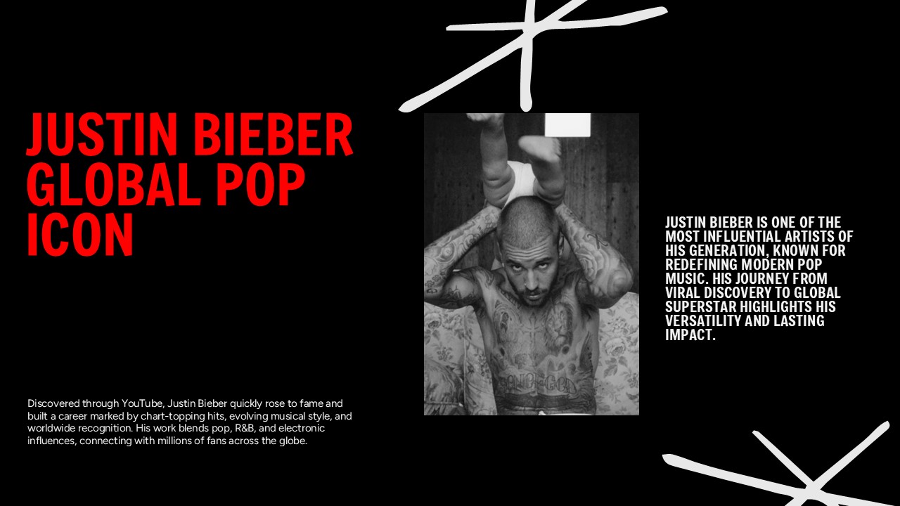 Global Pop Icon Template - Portrait layout balancing professional headshot with biographical career overview text