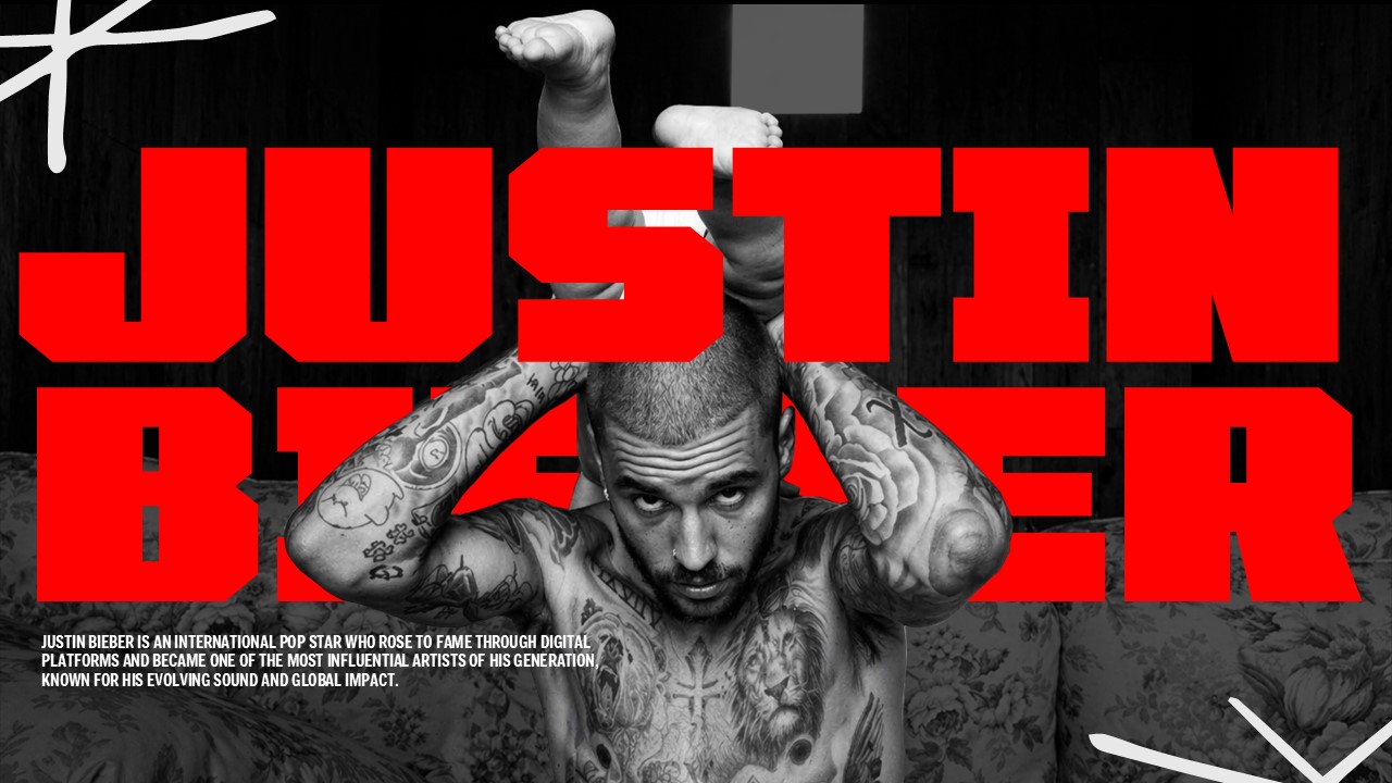 Justin Bieber PowerPoint Template - Title slide with artistic portrait and career introduction text on black background