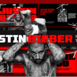 Justin Bieber Template - Magazine-style cover featuring bold red typography and grid layout with photo panels