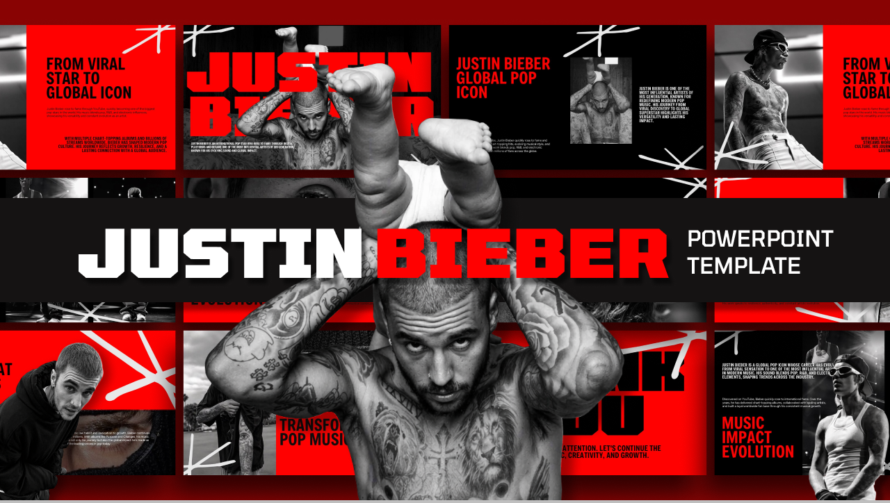 Justin Bieber Template - Magazine-style cover featuring bold red typography and grid layout with photo panels