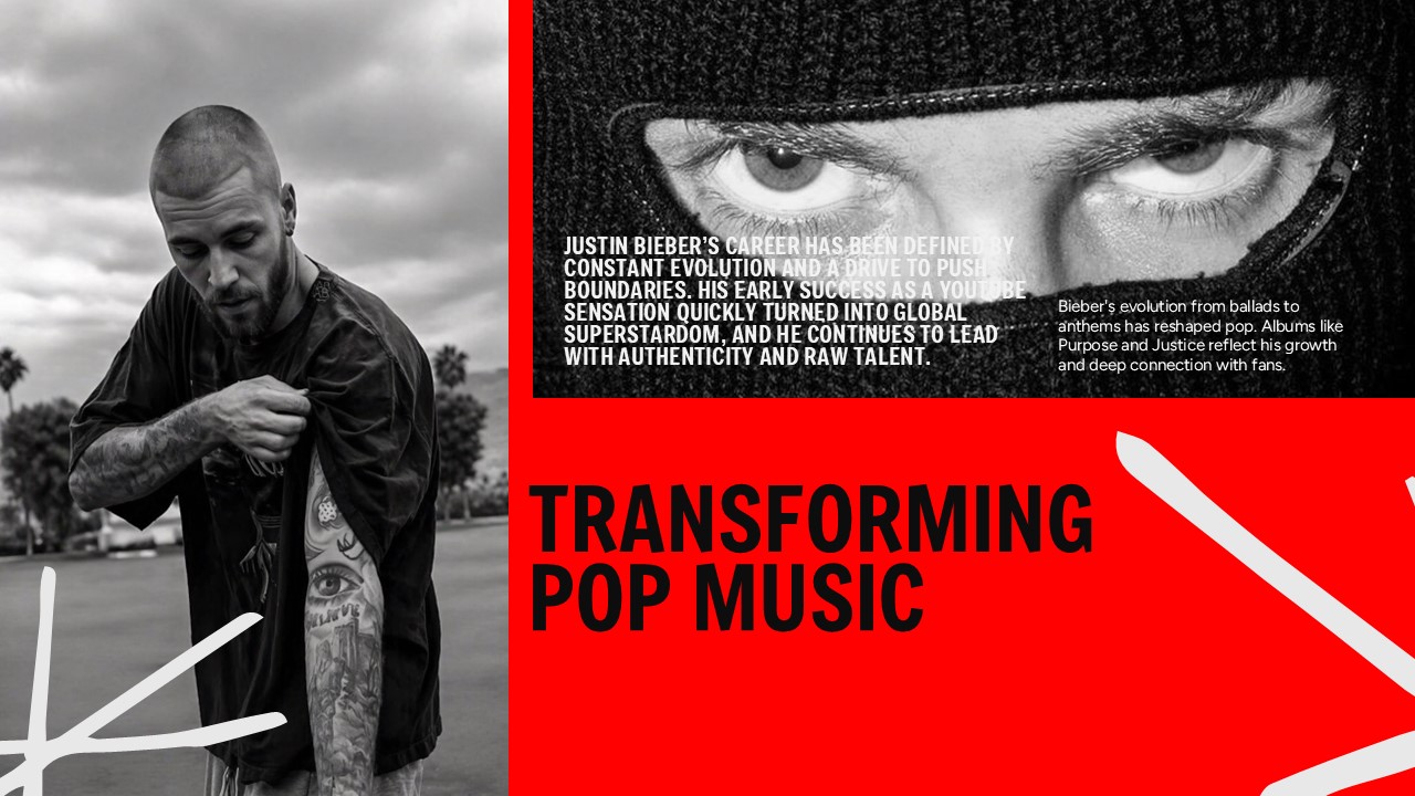 Music Transformation Template - Innovation slide with dual imagery showing boundary-pushing artistic evolution