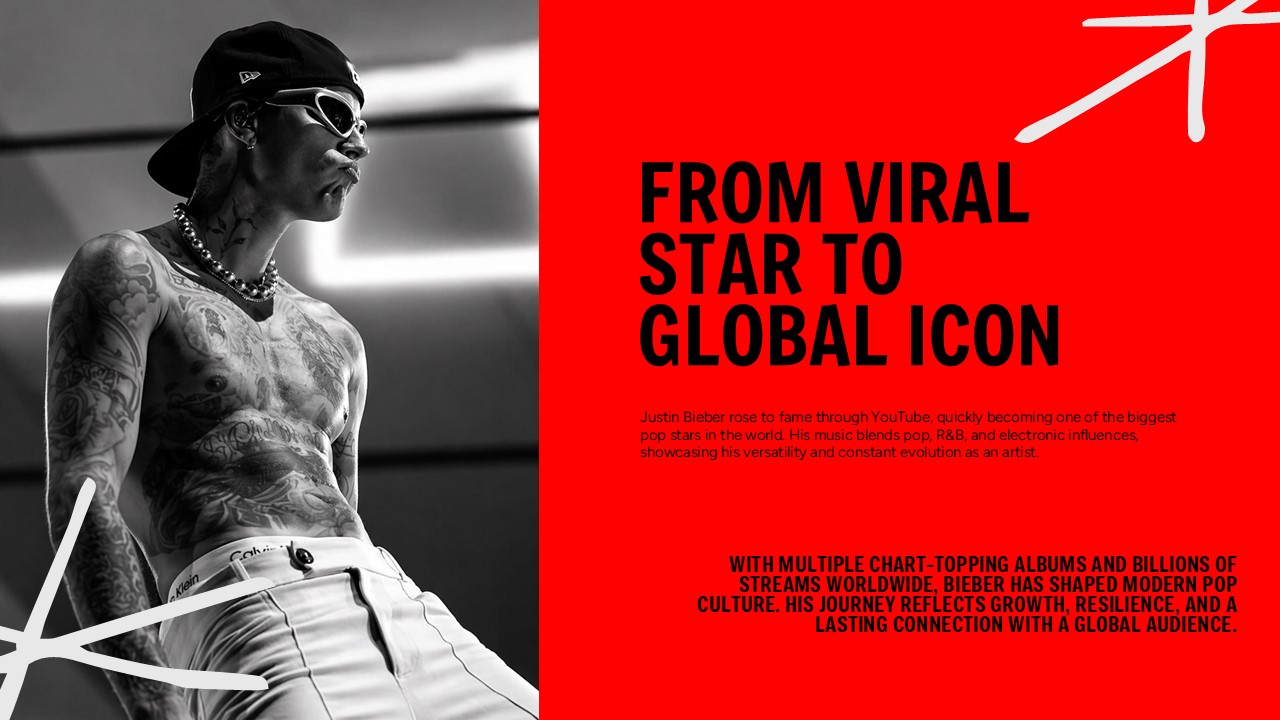 Viral Star Template - Career journey slide showing transformation from YouTube discovery to global superstar