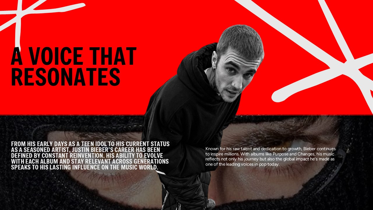 Voice Template - Vocal abilities slide featuring hooded portrait with artistic growth and generational impact text