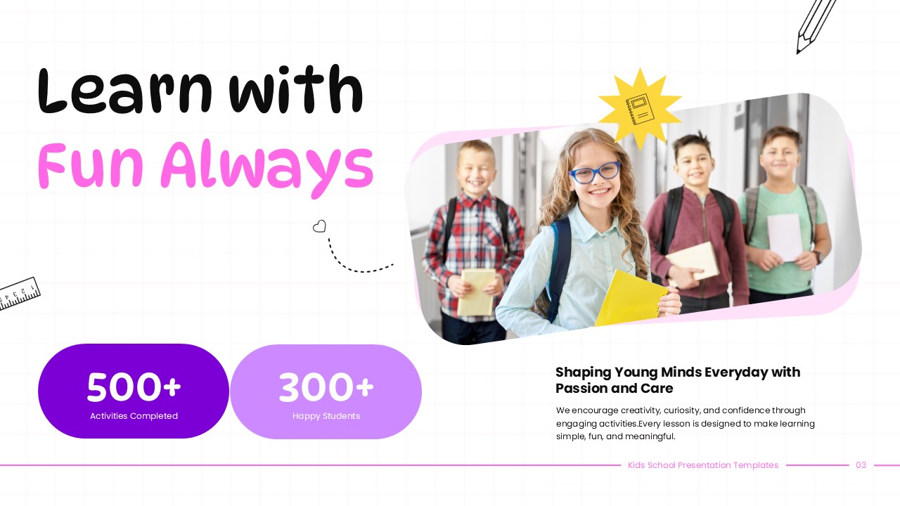Kids School Template - activities slide showing 500+ completed activities